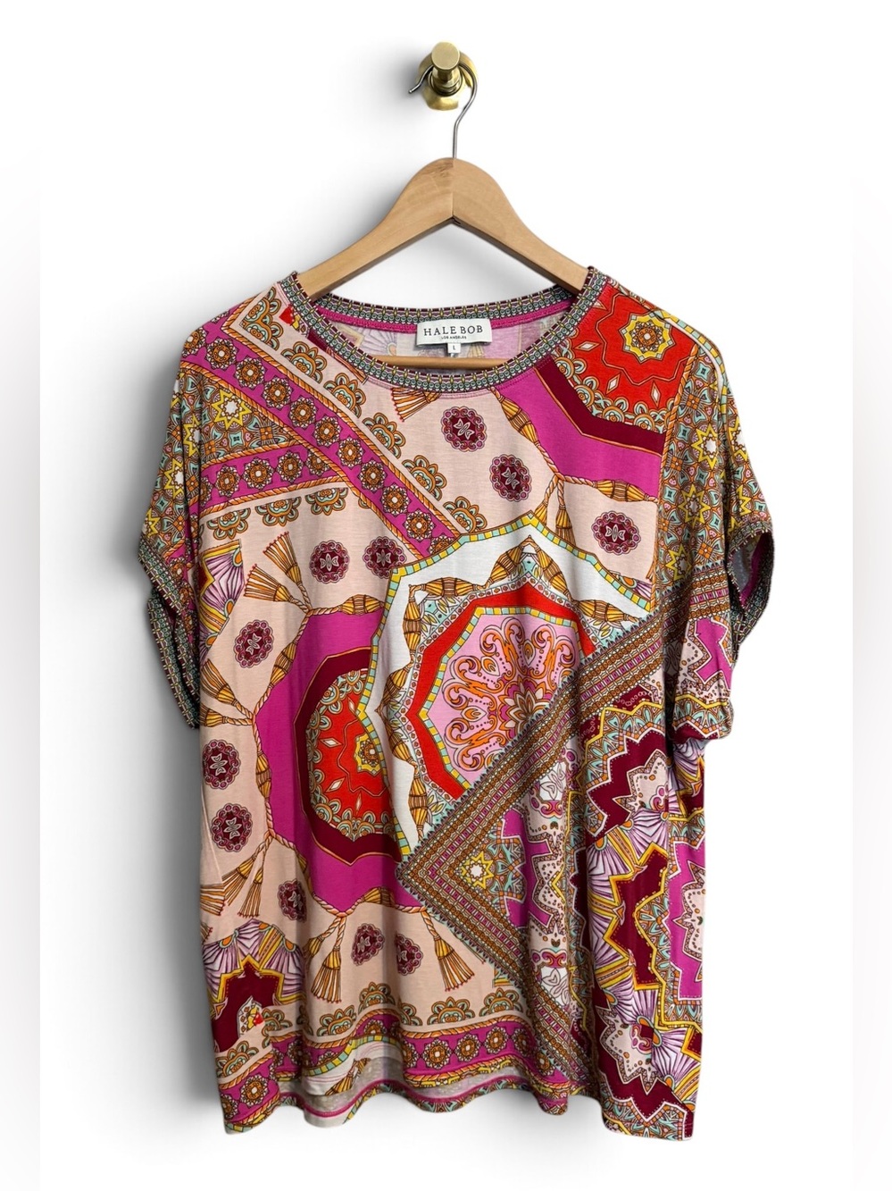 Hale Bob Pink & Red Paisley Patchwork Short Sleeve Top